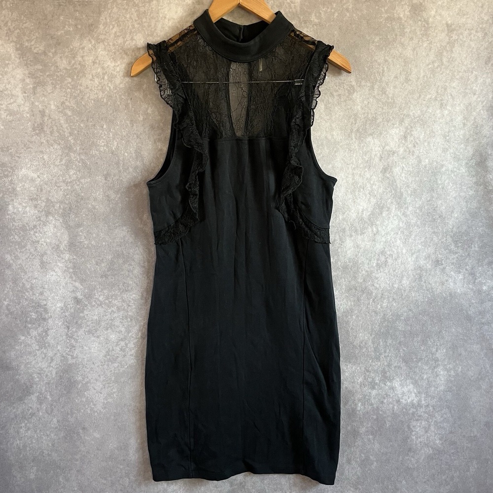 Free People Mini Dress Womens Large Black Lace Yoke Ruffle High Neck OB714505